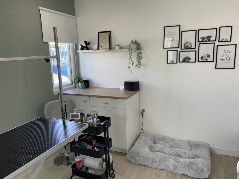 Inside the grooming room at Wagtails: grooming table, tool trolley and a wall of framed prints